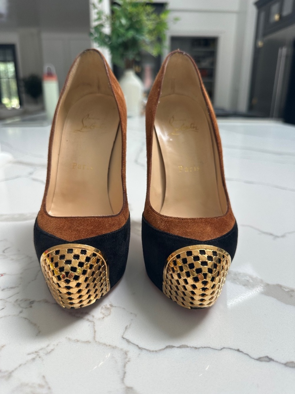 Christian Louboutin Suede Black and Camel Brown Heels Gold Toe 36 Sz